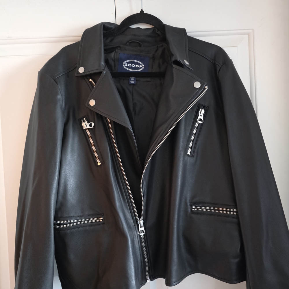 Scoop NYC Black Faux Leather Moto Jacket with Silver Zippers